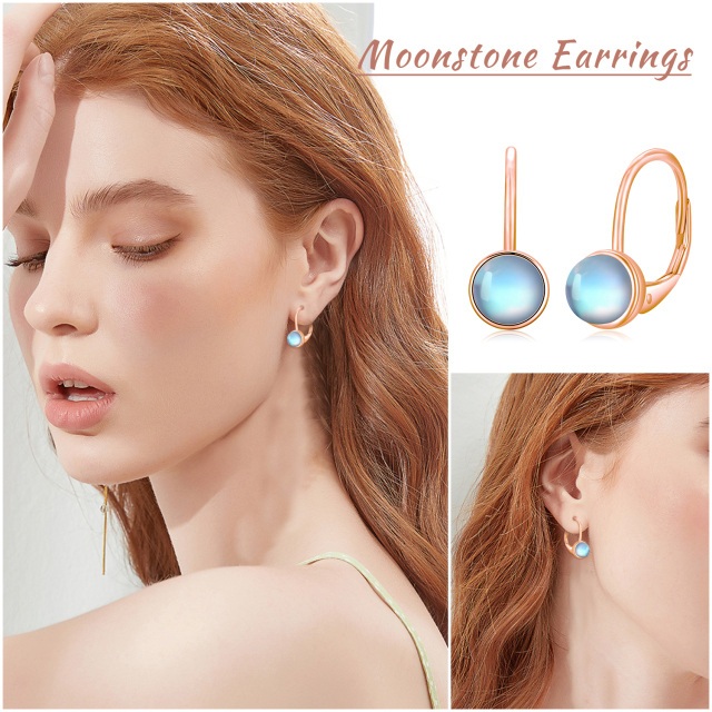 Sterling Silver with Rose Gold Plated Circular Shaped Moonstone Lever-back Earrings-2