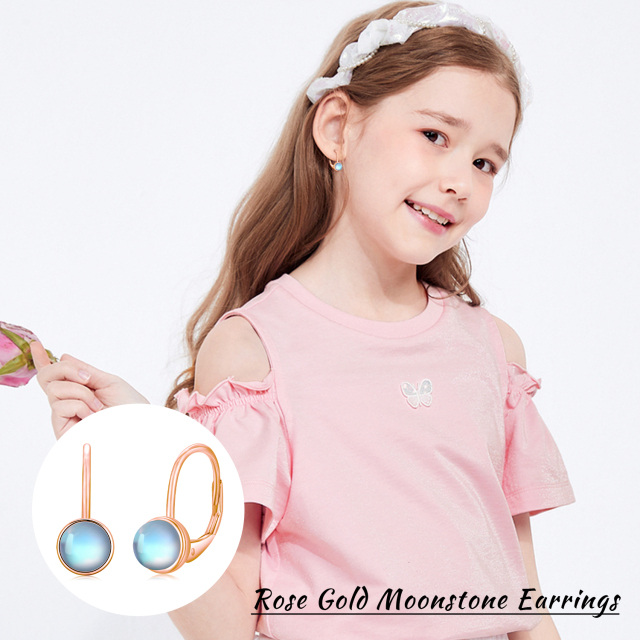 Sterling Silver with Rose Gold Plated Circular Shaped Moonstone Lever-back Earrings-3