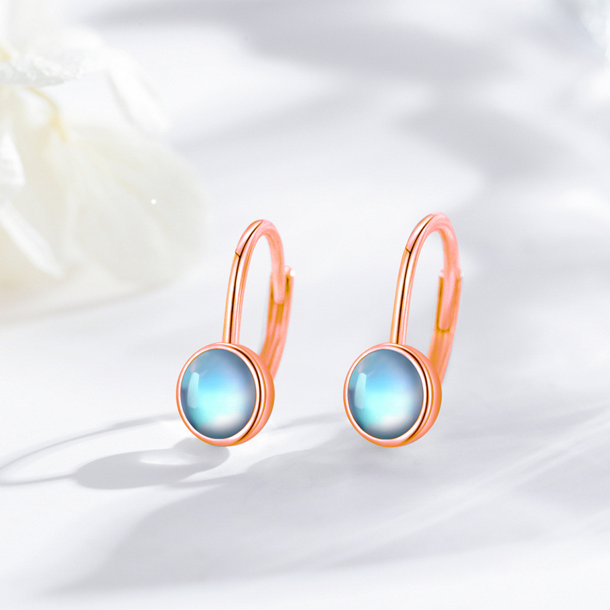 Sterling Silver with Rose Gold Plated Circular Shaped Moonstone Lever-back Earrings-5