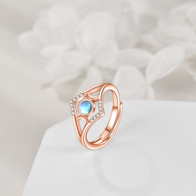 Sterling Silver with Rose Gold Plated Circular Shaped Cubic Zirconia & Moonstone Moon Ring-3