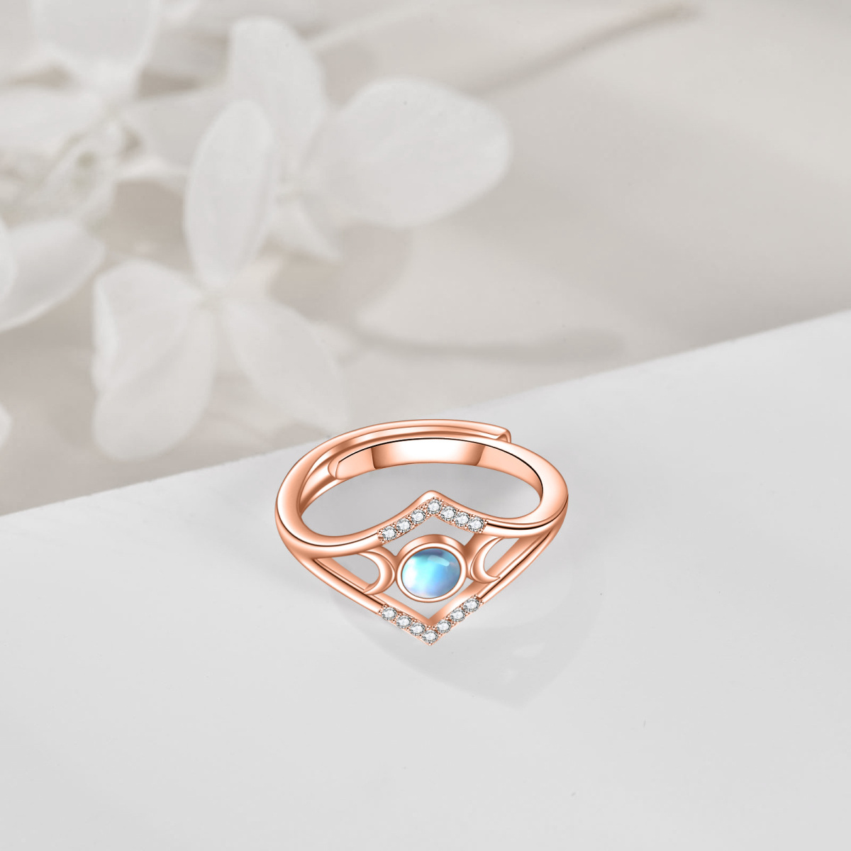 Sterling Silver with Rose Gold Plated Circular Shaped Cubic Zirconia & Moonstone Moon Ring-4