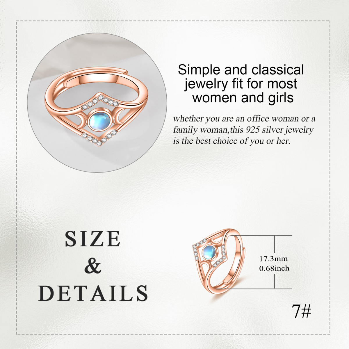 Sterling zilver met roségoud vergulde cirkelvormige cubic zirkonia & maansteen maanring-5