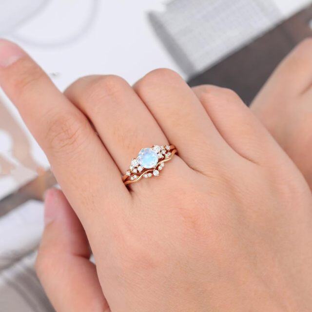 Sterling Silver with Rose Gold Plated Circular Shaped Moonstone Personalized Engraving Ring-4