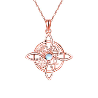 Sterling Silver with Rose Gold Plated Circular Shaped Moonstone Witch Knot Pendant Necklace-4