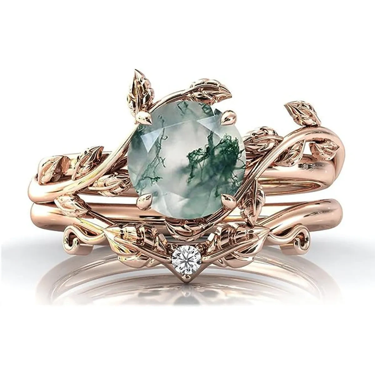 Sterling Silver with Rose Gold Plated Circular Shaped Moss Agate & Personalized Engraving Leaves Engagement Ring-1