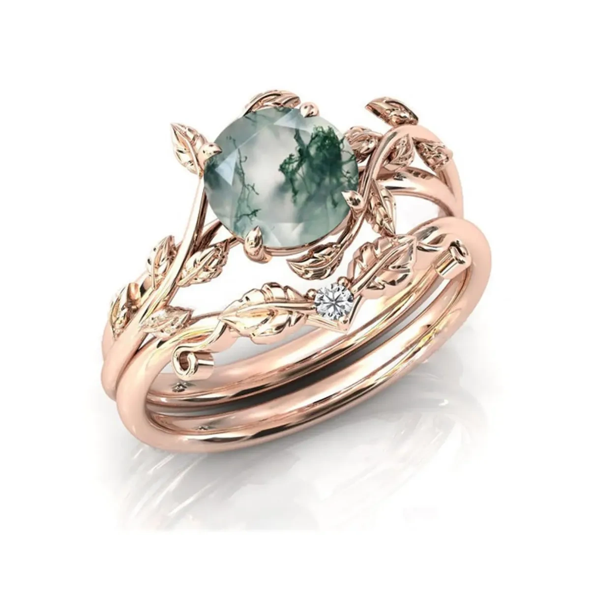 Sterling Silver with Rose Gold Plated Circular Shaped Moss Agate & Personalized Engraving Leaves Engagement Ring-2