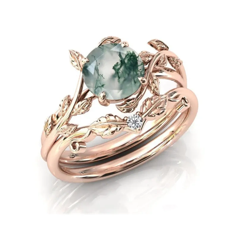 Sterling Silver with Rose Gold Plated Round Shaped Moss Agate & Personalized Engraving Leaves Engagement Ring-2