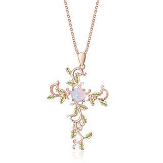 Sterling Silver with Rose Gold Plated Circular Shaped Opal Tree Of Life & Cross Pendant Necklace-49