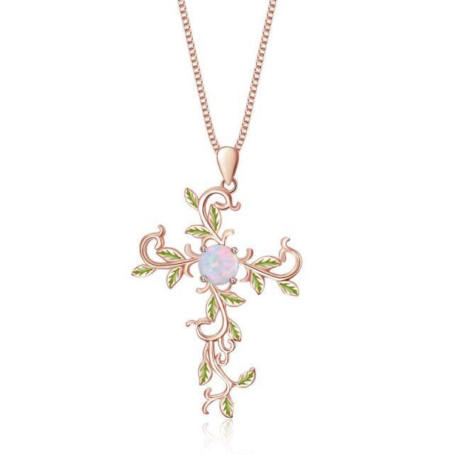 Sterling Silver with Rose Gold Plated Circular Shaped Opal Tree Of Life & Cross Pendant Necklace-5