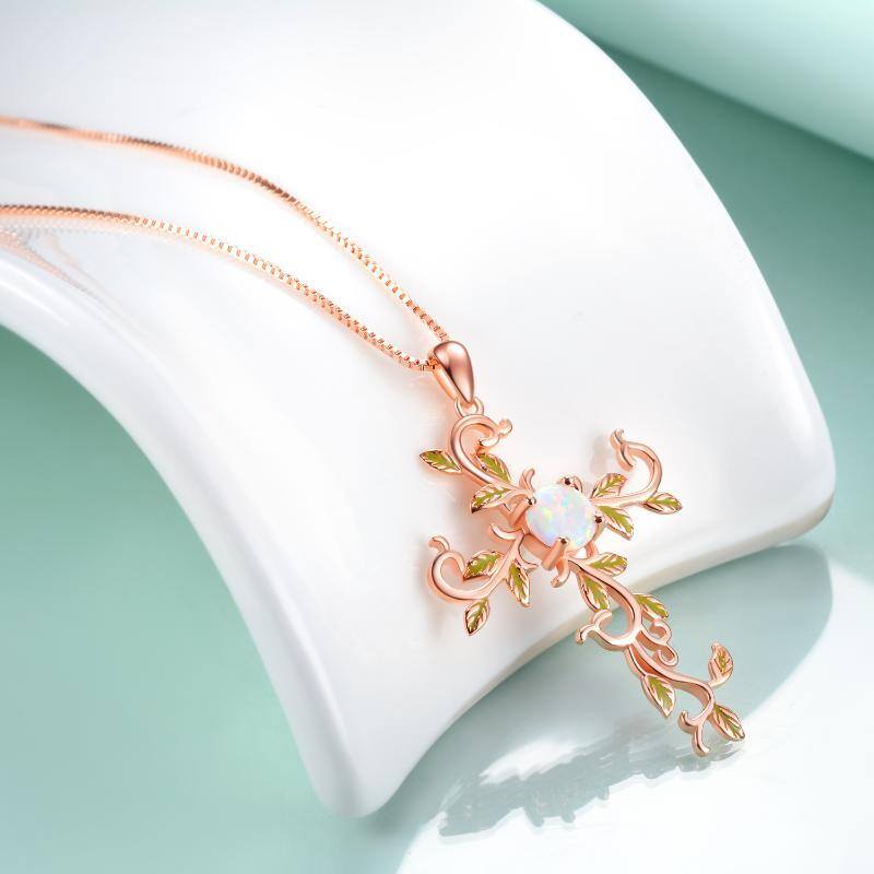 Sterling Silver with Rose Gold Plated Circular Shaped Opal Tree Of Life & Cross Pendant Necklace-3