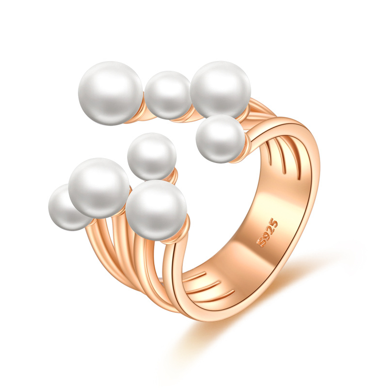 Sterling Silver with Rose Gold Plated Round Pearl Round Open Ring-4