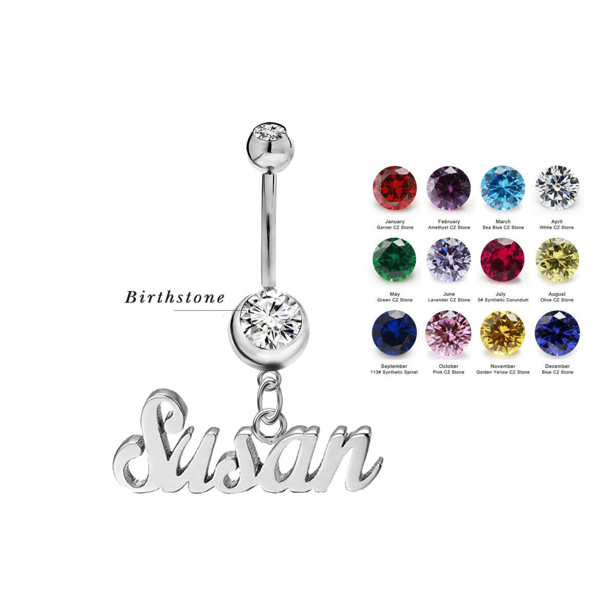 Sterling Silver Circular Personalized Birthstone & Classic Name Belly Button Ring-5