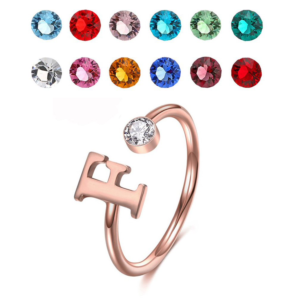 Sterling Silver with Rose Gold Plated Circular Shaped Cubic Zirconia Personalized Birthstone & Personalized Initial Letter Open Ring-1