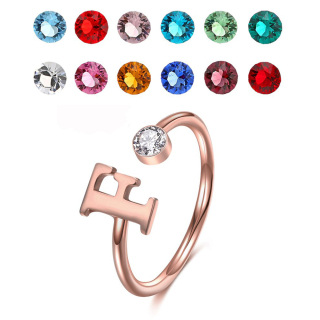 Sterling Silver With Rose Gold Plated Personalized Birthstone With Personalized Initial Letter Open Ring For Women-5