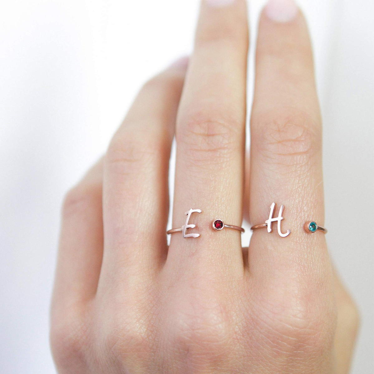 Sterling Silver with Rose Gold Plated Circular Shaped Cubic Zirconia Personalized Birthstone & Personalized Initial Letter Open Ring-5