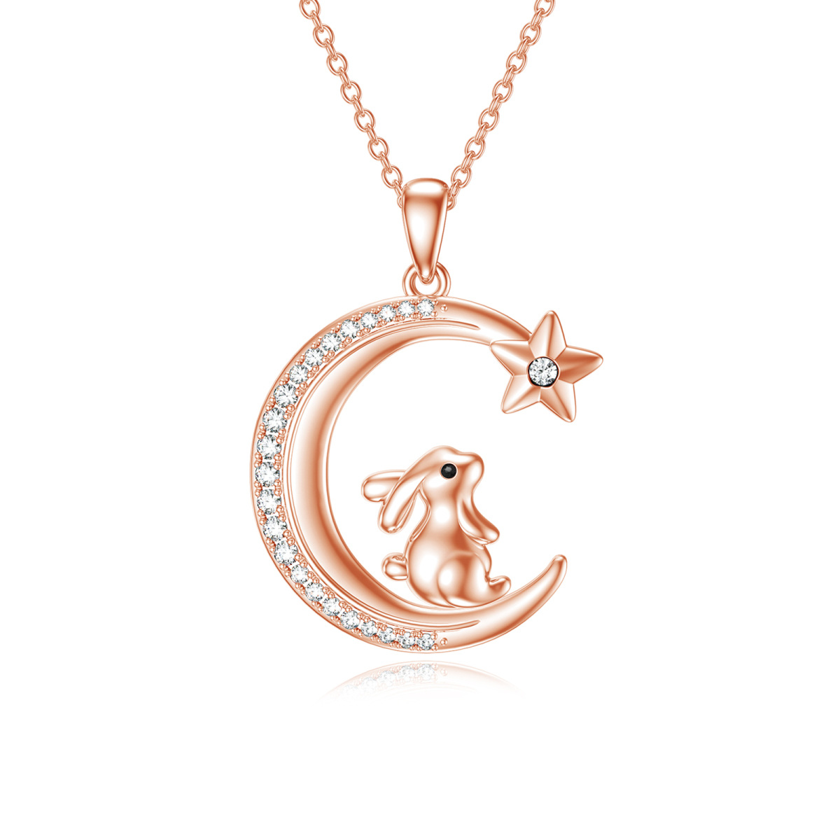 Collar con colgante de plata de ley con circonita cúbica circular chapada en oro rosa, conejo y estrella de la luna, para mujeres, mejores amigas-1