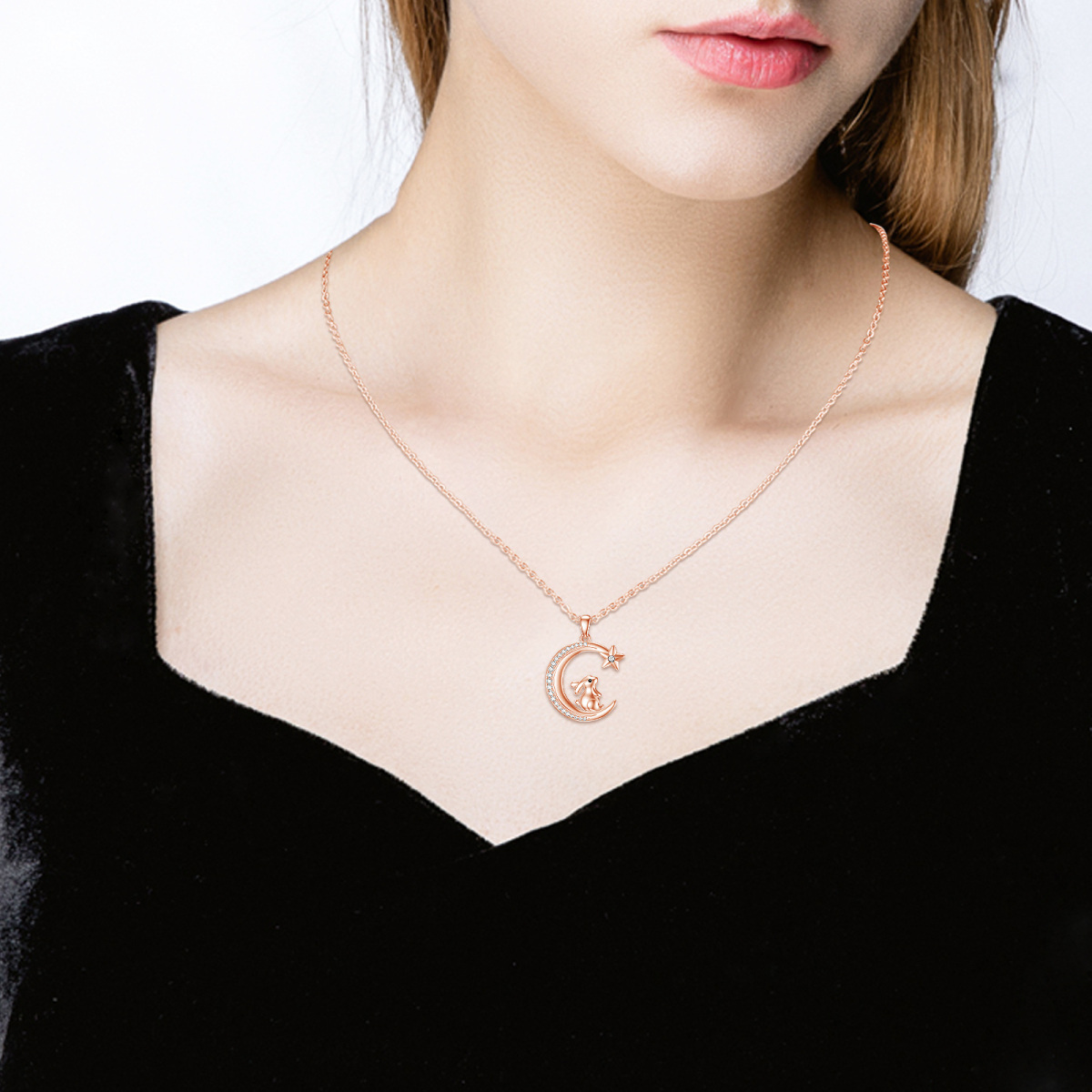 Collar con colgante de plata de ley con circonita cúbica circular chapada en oro rosa, conejo y estrella de la luna, para mujeres, mejores amigas-2