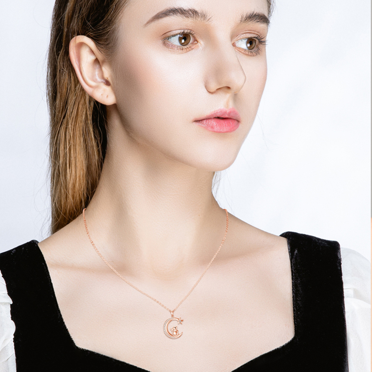 Collar con colgante de plata de ley con circonita cúbica circular chapada en oro rosa, conejo y estrella de la luna, para mujeres, mejores amigas-3