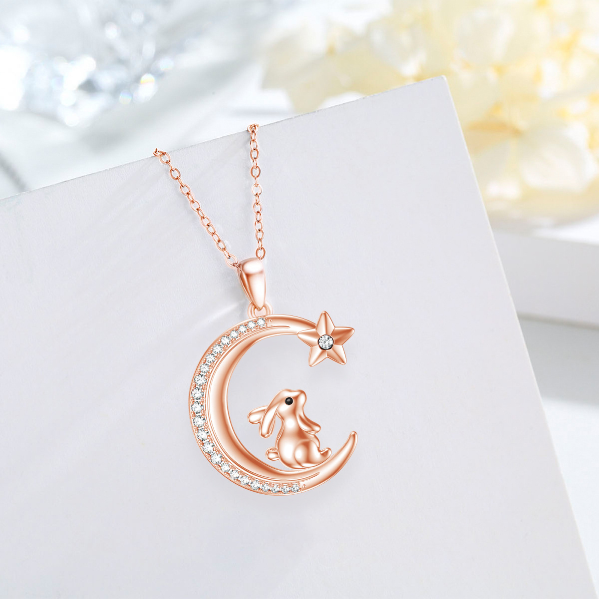 Collar con colgante de plata de ley con circonita cúbica circular chapada en oro rosa, conejo y estrella de la luna, para mujeres, mejores amigas-4