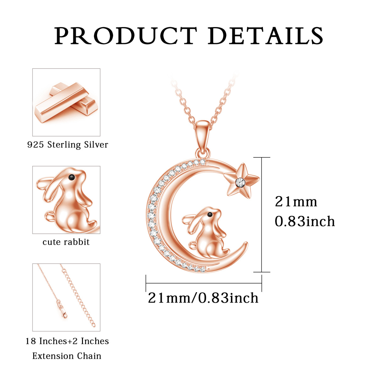 Sterling Silver With Rose Gold Plated Circular Cubic Zirconia Rabbit & Moon Star Pendant Necklace For Women Best Friends-5