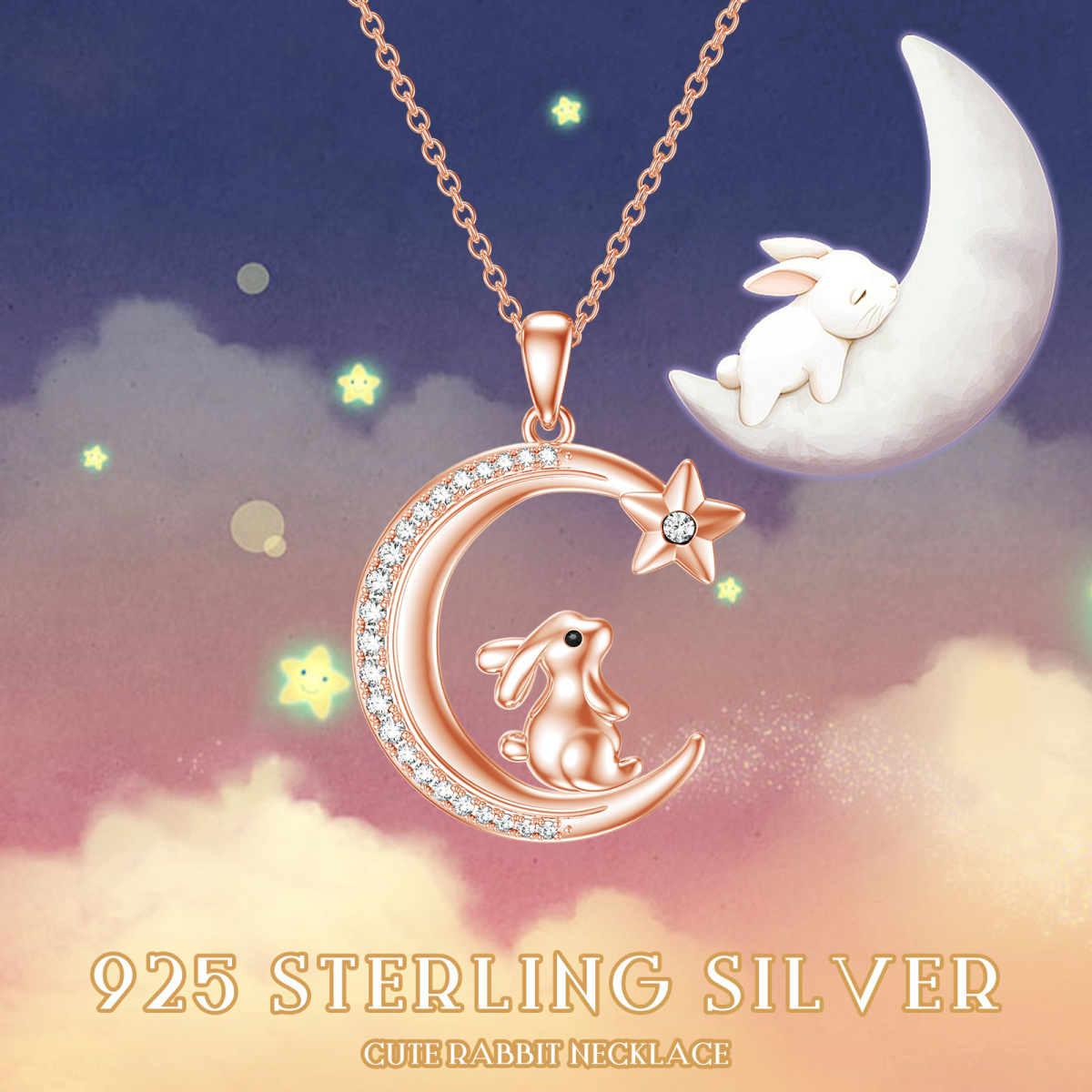 Collar con colgante de plata de ley con circonita cúbica circular chapada en oro rosa, conejo y estrella de la luna, para mujeres, mejores amigas-6