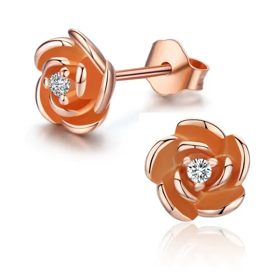 Sterling Silver with Rose Gold Plated Circular Shaped Cubic Zirconia Rose Stud Earrings