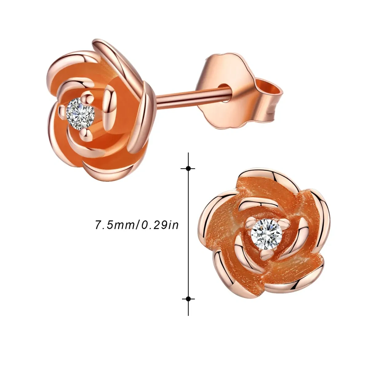 Ohrstecker aus Sterlingsilber mit rosévergoldetem, kreisförmigem Zirkonia und Rosenmotiv für Damen-4