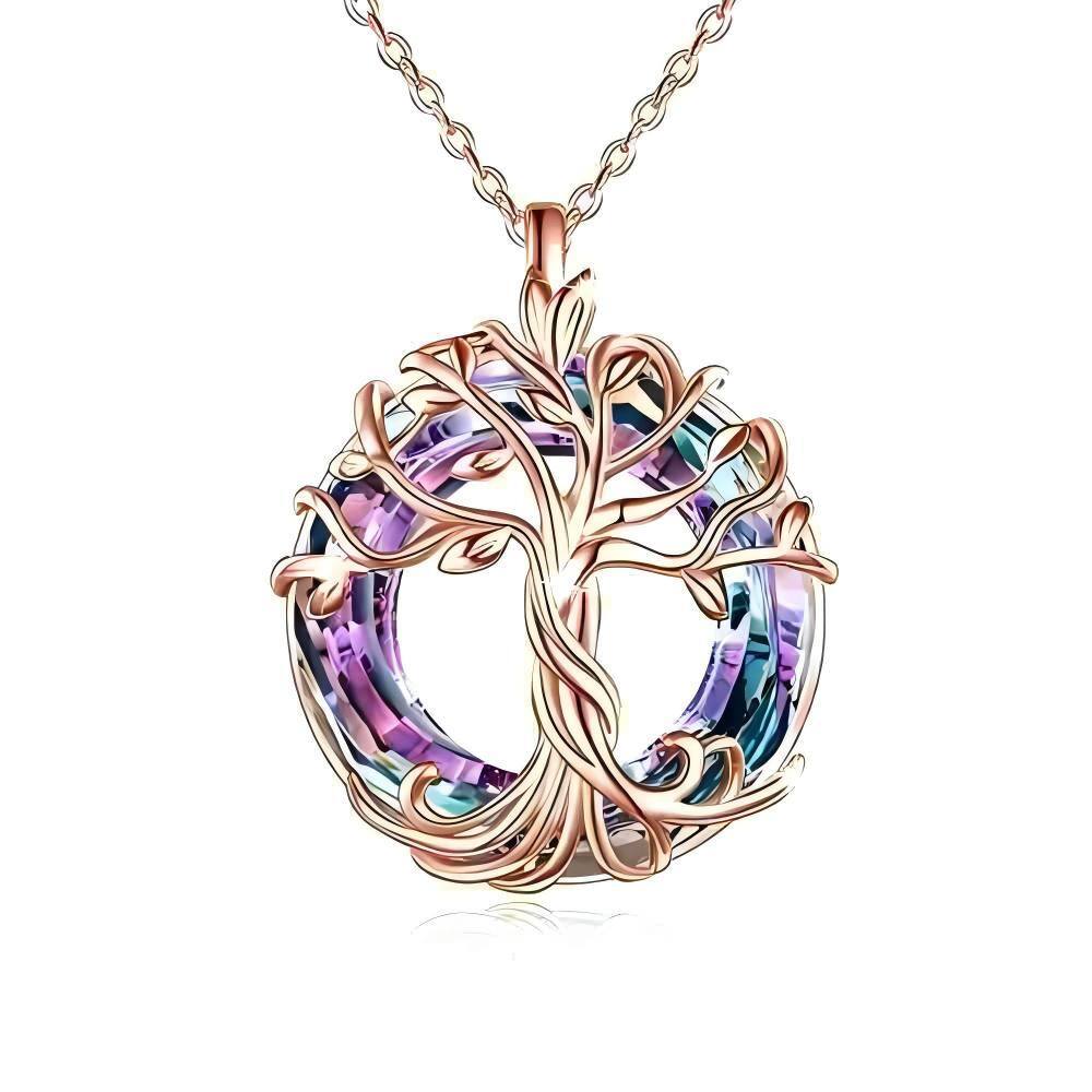 Sterling Silver with Rose Gold Plated Circular Shaped Tree Of Life Crystal Pendant Necklace-1