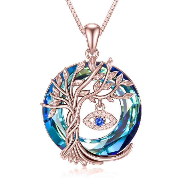 Sterling Silver with Rose Gold Plated Circular Shaped Tree Of Life & Evil Eye Crystal Pendant Necklace-1