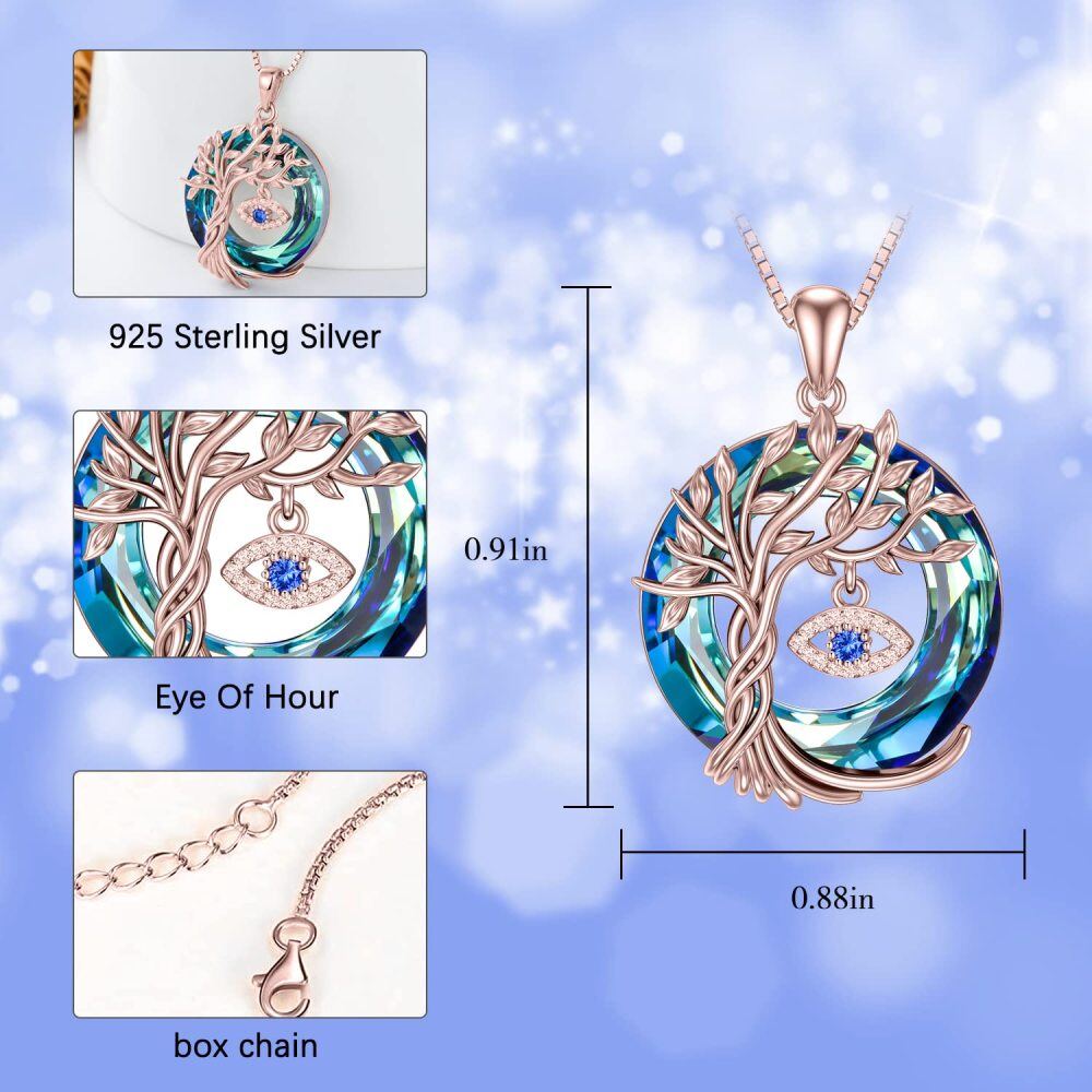 Sterling Silver with Rose Gold Plated Circular Shaped Tree Of Life & Evil Eye Crystal Pendant Necklace-3