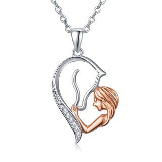 Sterling Silver with Rose Gold Plated Circular Shaped Zircon Horse & Heart Pendant Necklace-18