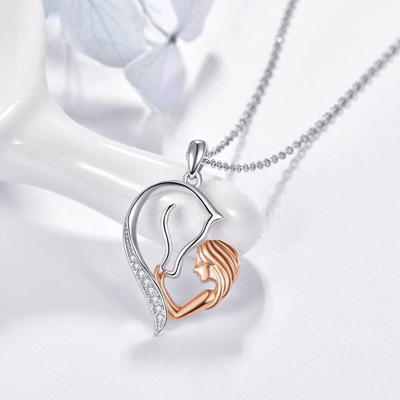 قلادة دائرية الشكل من الفضة الإسترلينية المطلية بالذهب الوردي على شكل حصان وقلب مرصعة بالزركون-4