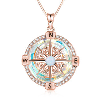 Sterling Silver with Rose Gold Plated Compass Crystal Pendant Necklace-24