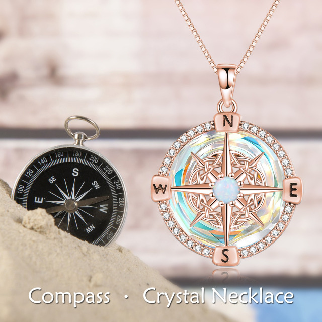 Sterling Silver with Rose Gold Plated Compass Crystal Pendant Necklace-5