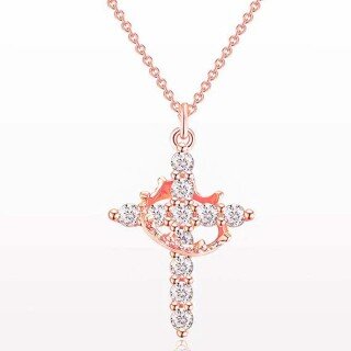 Sterling Silver with Rose Gold Plated Cubic Zirconia Cross & Crown Pendant Necklace-6