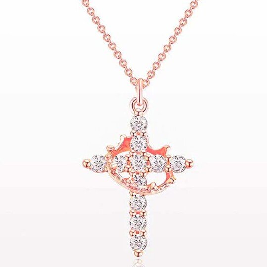 Sterling Silver with Rose Gold Plated Cubic Zirconia Cross & Crown Pendant Necklace