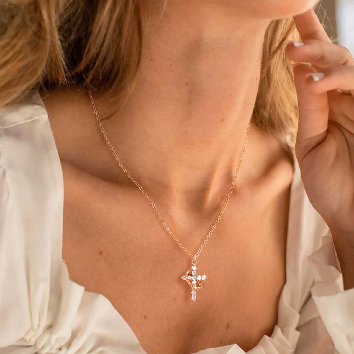 Sterling Silver with Rose Gold Plated Cubic Zirconia Cross & Crown Pendant Necklace-2