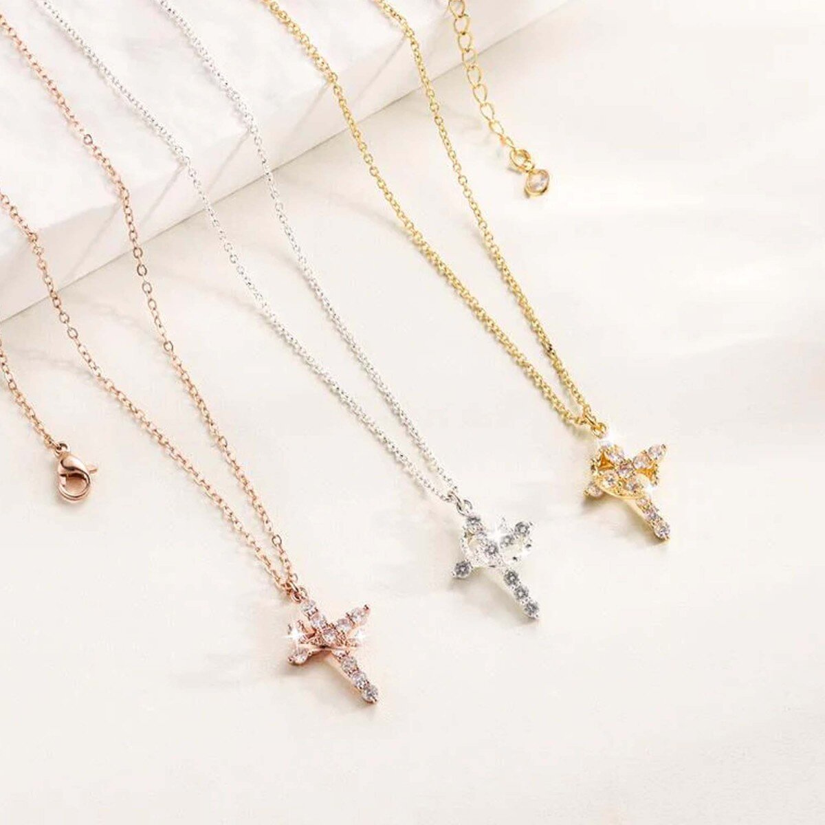 Sterling Silver with Rose Gold Plated Cubic Zirconia Cross & Crown Pendant Necklace-4