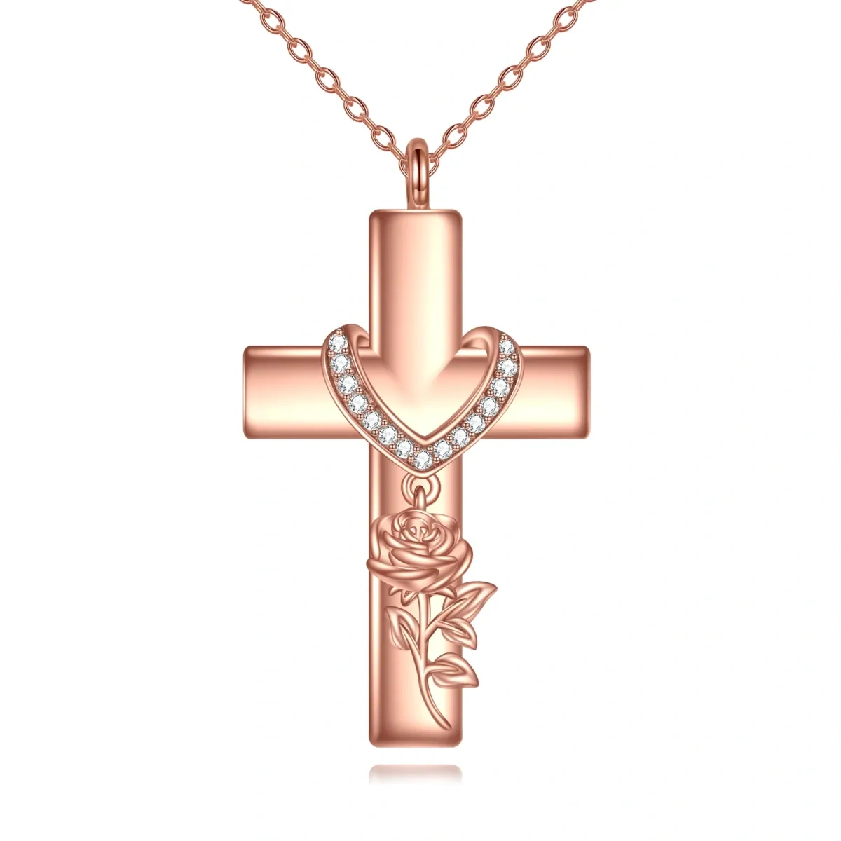 Halskette aus Sterlingsilber mit rosévergoldetem Zirkonia, Rosen- und Kreuz-Anhänger für Damen-1