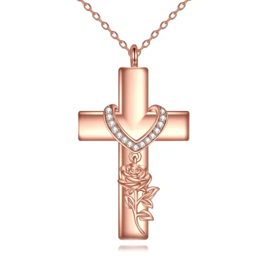 Sterling Silver With Rose Gold Plated Cubic Zirconia Rose & Cross Pendant Necklace For Women