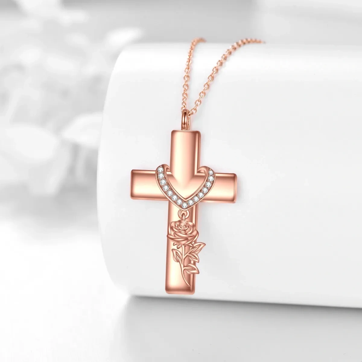 Halskette aus Sterlingsilber mit rosévergoldetem Zirkonia, Rosen- und Kreuz-Anhänger für Damen-3