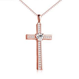 Sterling Silver with Rose Gold Plated Cubic Zirconia Cross Pendant Necklace-20
