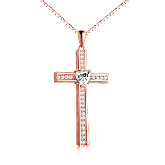 Sterling Silver with Rose Gold Plated Cubic Zirconia Cross Pendant Necklace