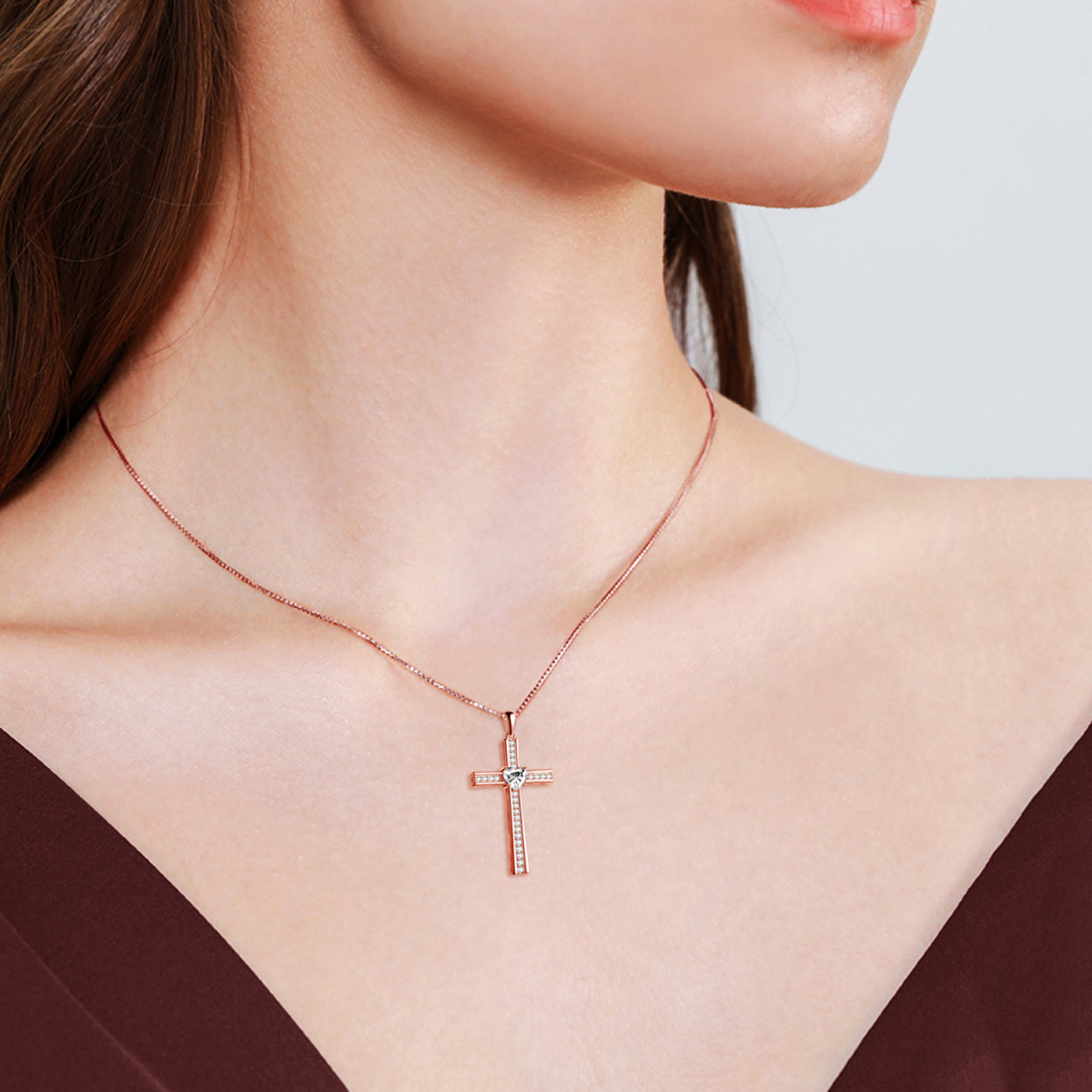 Sterling Silver with Rose Gold Plated Cubic Zirconia Cross Pendant Necklace-2