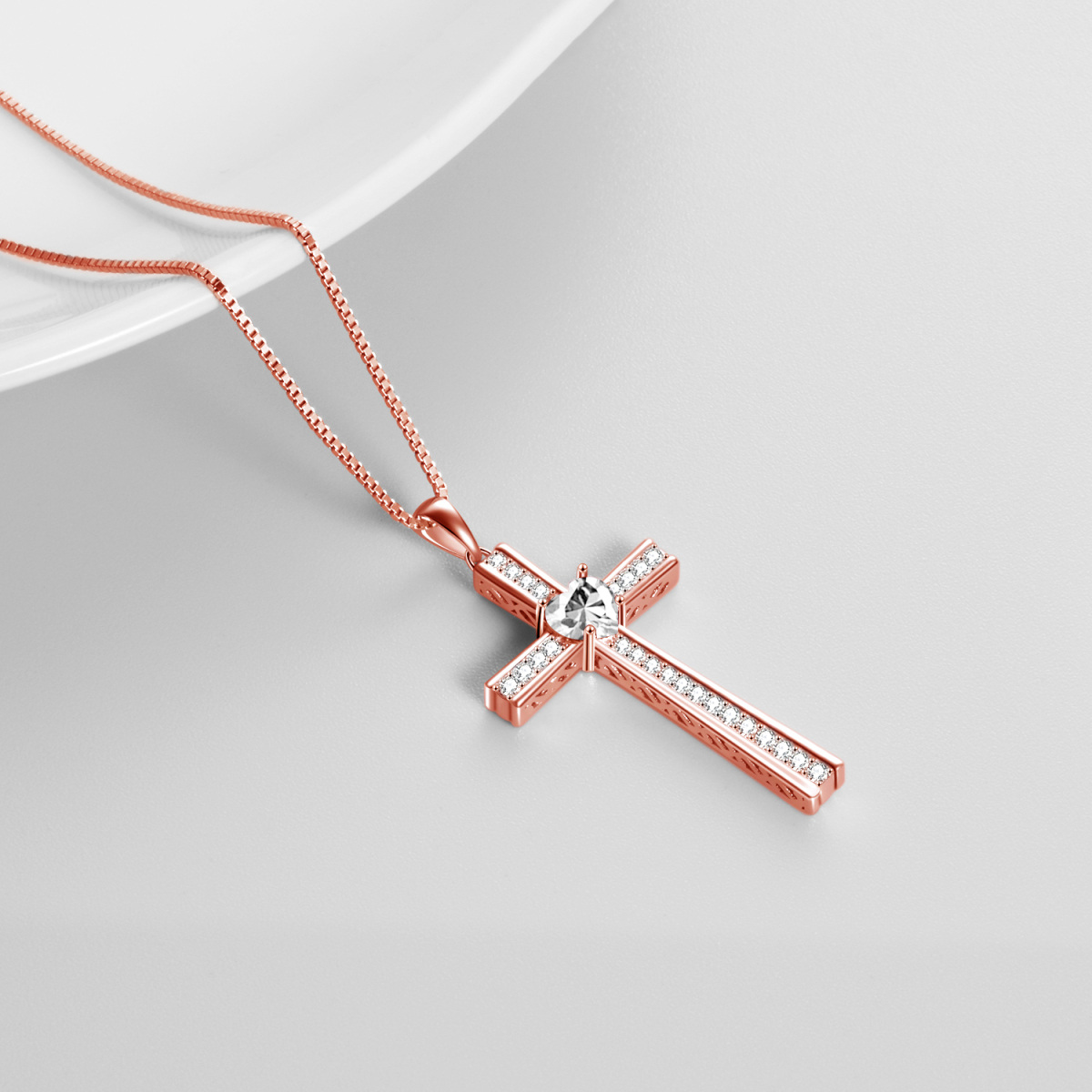 Sterling Silver with Rose Gold Plated Cubic Zirconia Cross Pendant Necklace-3