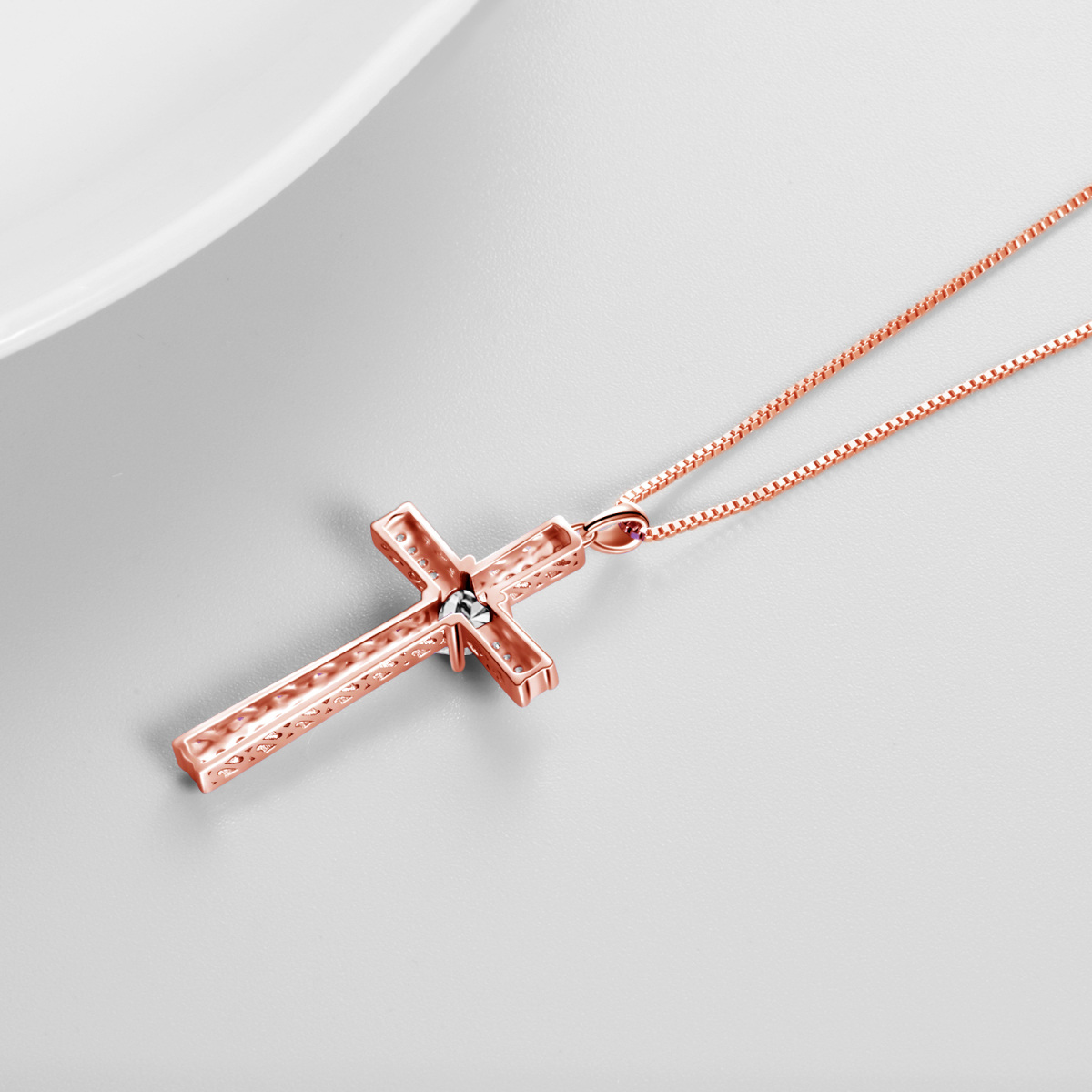 Sterling Silver with Rose Gold Plated Cubic Zirconia Cross Pendant Necklace-4