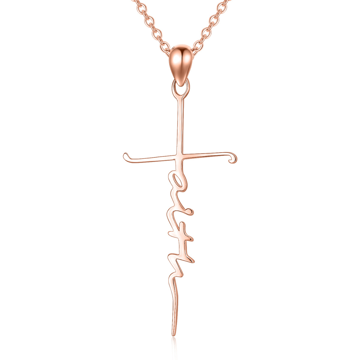 Sterling Silver with Rose Gold Plated Cross Pendant Necklace with Engraved Word-1