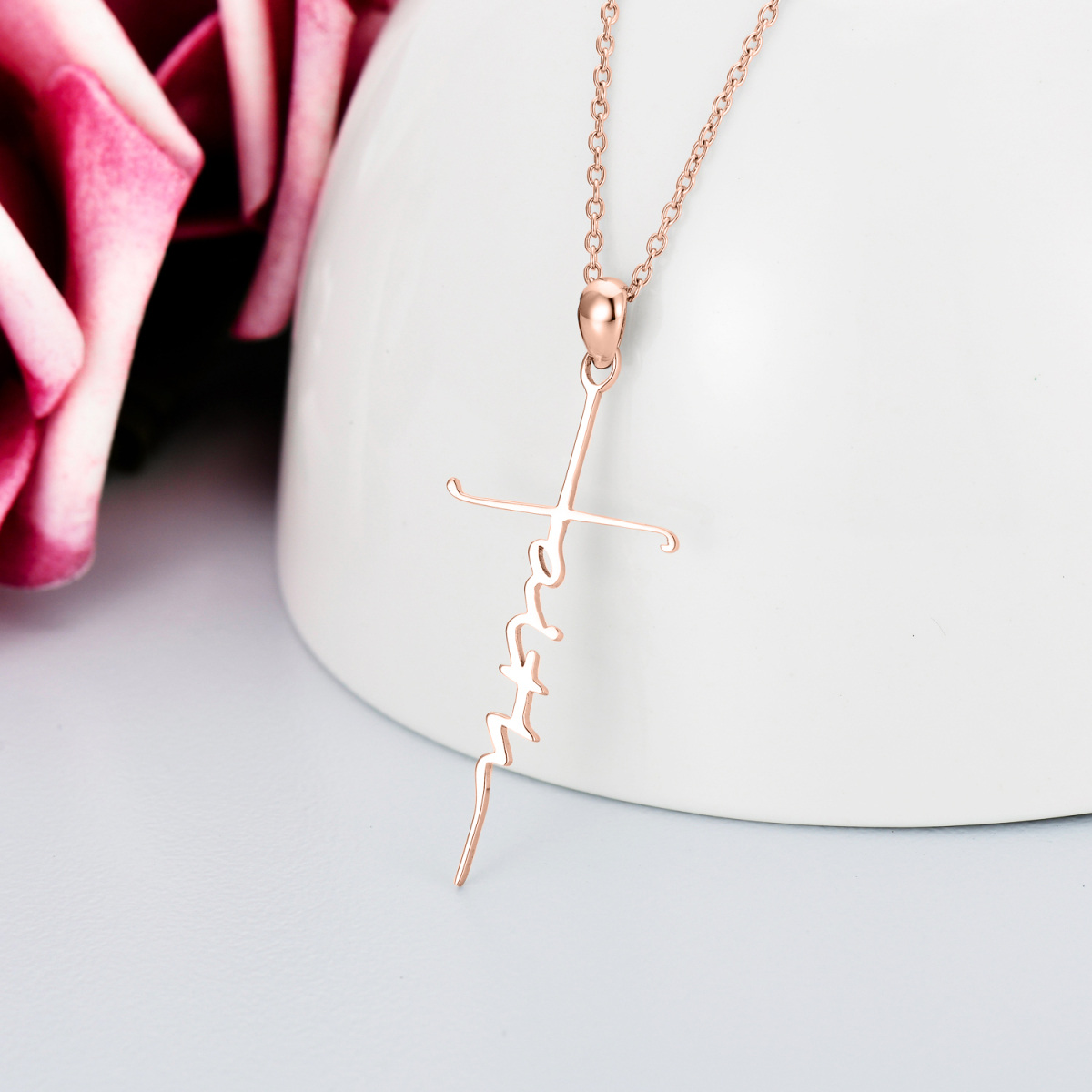 Sterling Silver with Rose Gold Plated Cross Pendant Necklace with Engraved Word-3