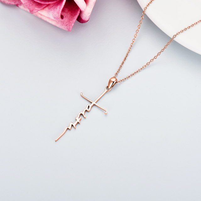 Sterling Silver with Rose Gold Plated Cross Pendant Necklace with Engraved Word-4