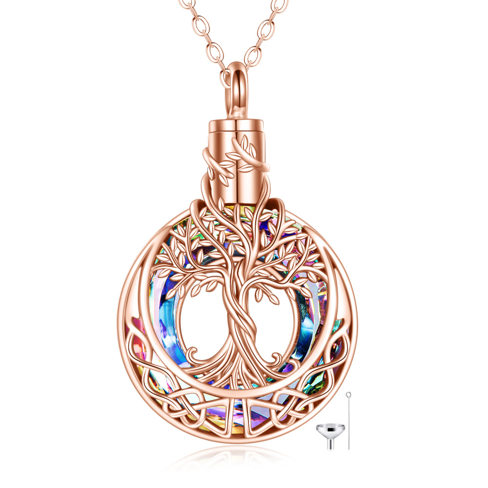 Urnenkette für Asche aus Sterlingsilber mit rosévergoldetem Kristall, Lebensbaum, keltischer Knoten-1
